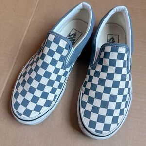 Blue and white checkered slip onVans. Size 6 mens / 7.5 womens